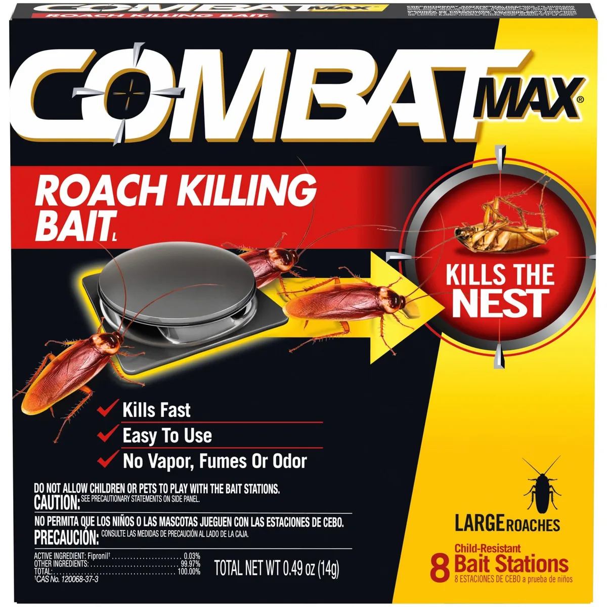 Eight child-resistant roach bait stations in a rectangular cardboard package