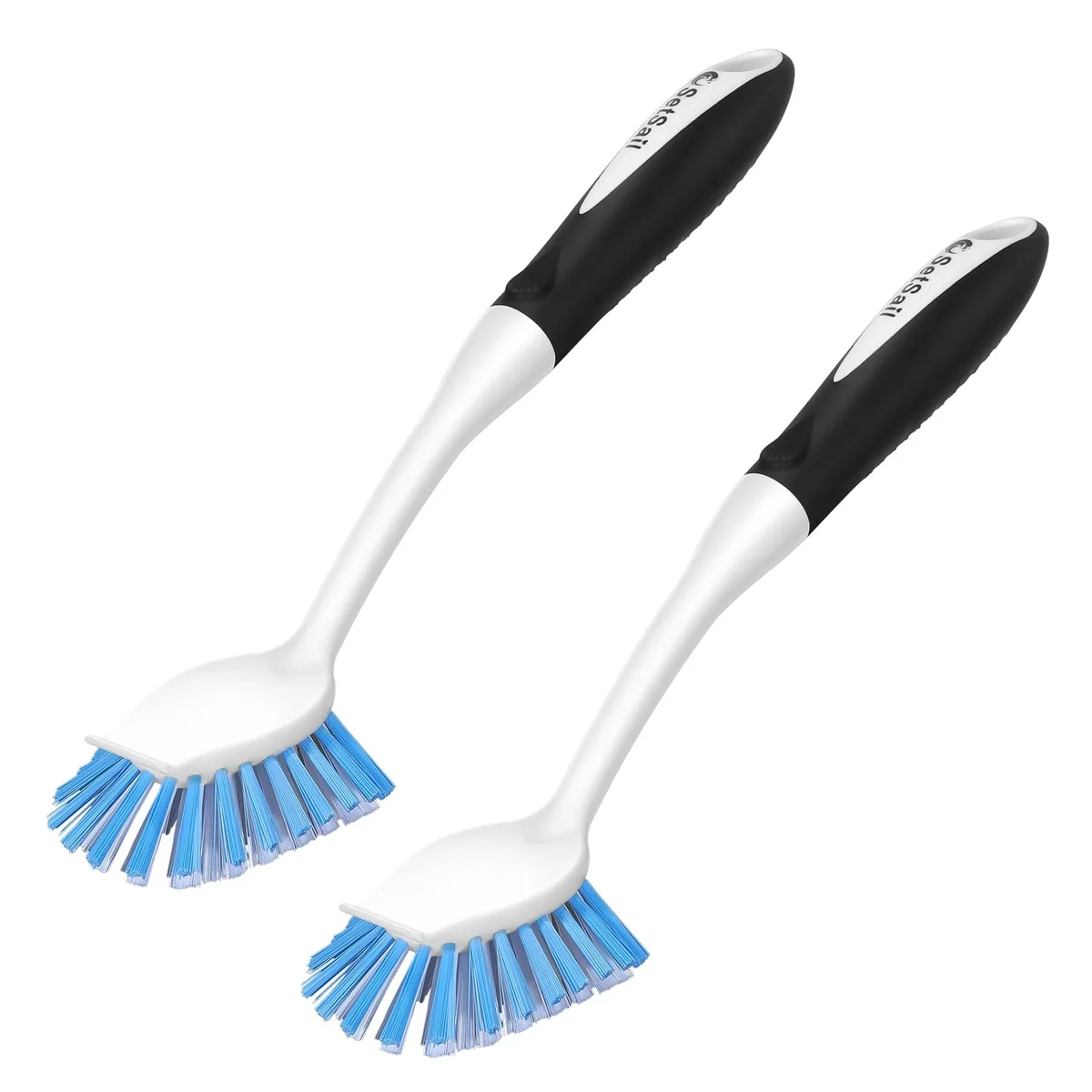 Two dish brushes with stiff bristles, built-in scrapers and rubber handles, 31.1 cm long