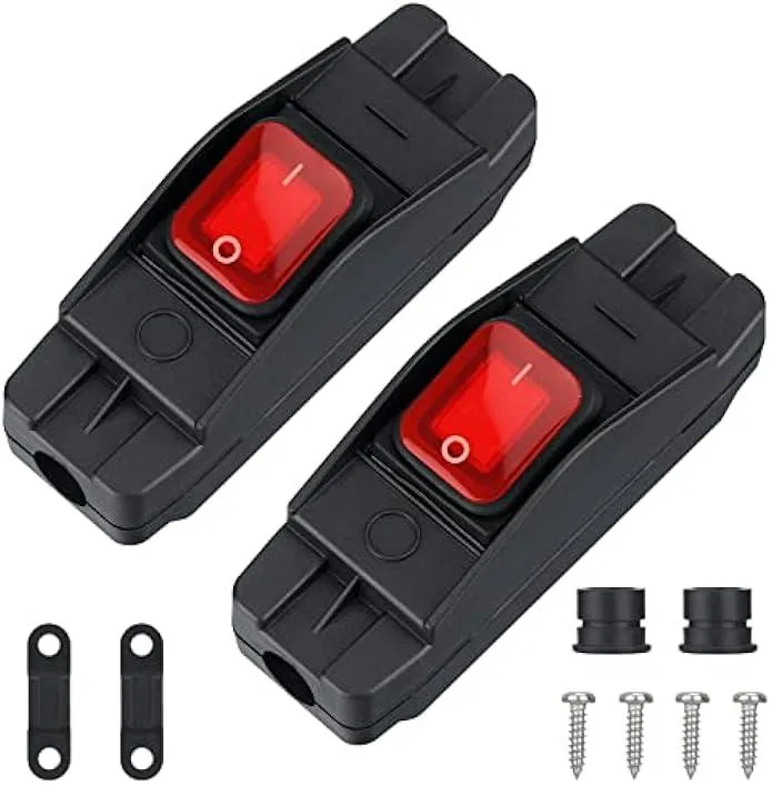 Two black inline cord switches with red LED buttons, IP66 rated