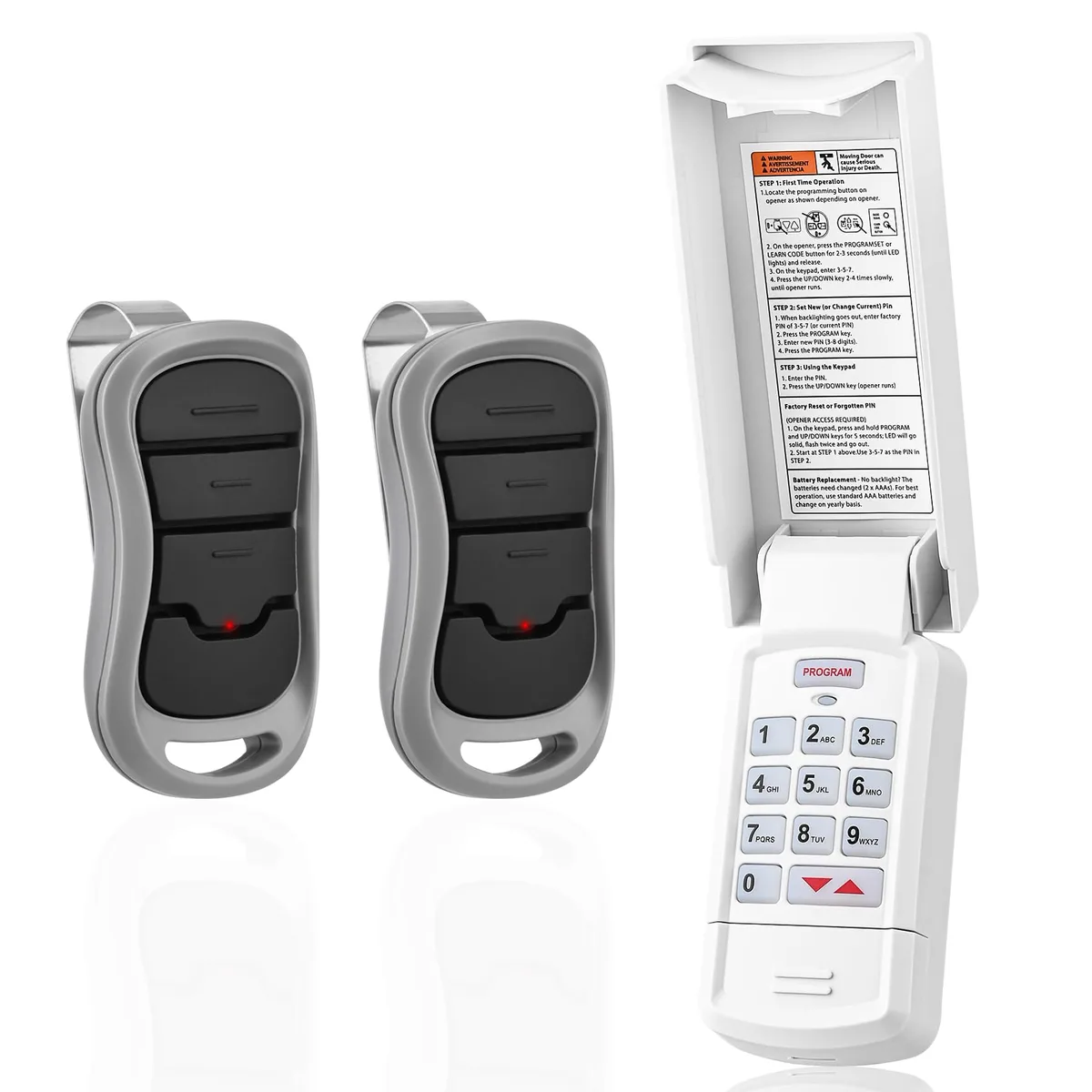 Black rectangular keypad and two small remotes with sunshade clips