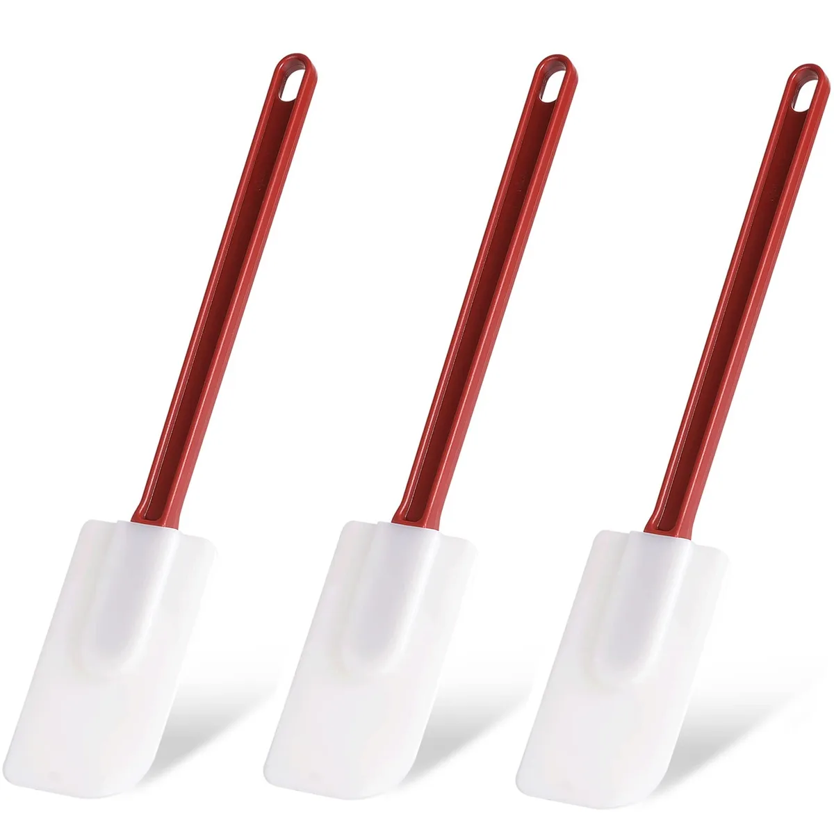 Three white 9.5-inch silicone spatulas with nylon handles lying side by side