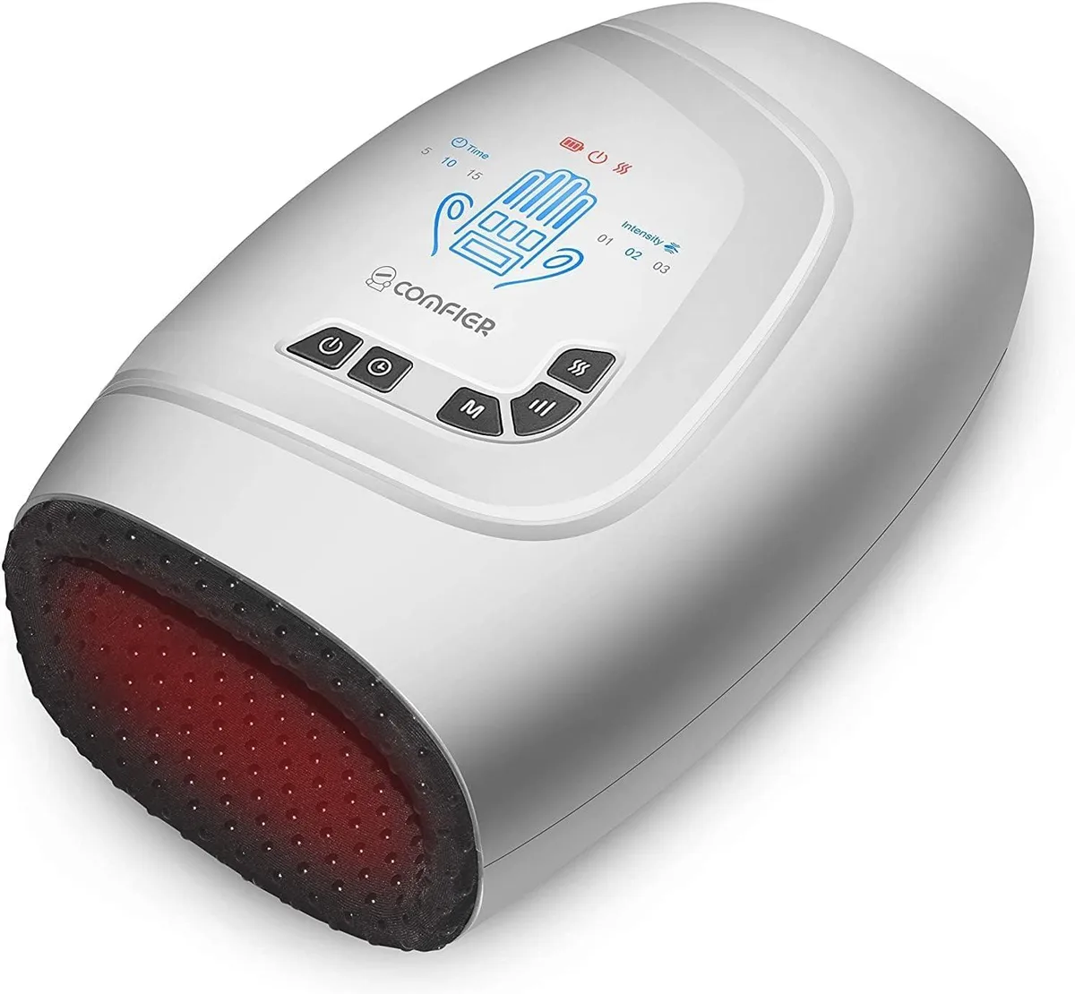 Grey cordless hand massager, contoured shell with finger openings, control panel on top