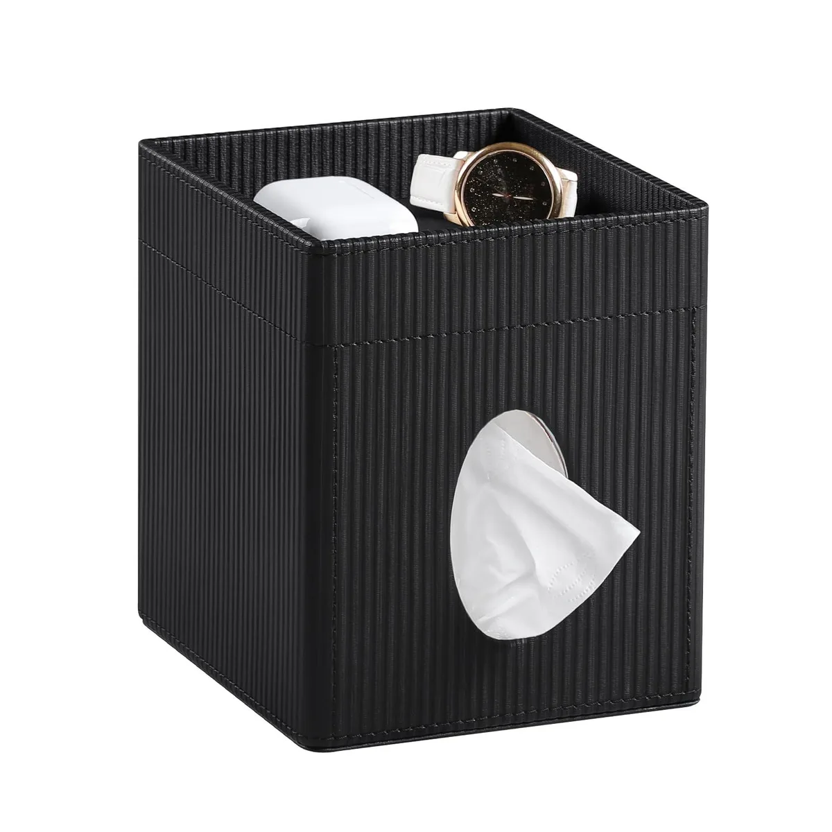 Black square tissue box cover with flat tray top, PU leather finish