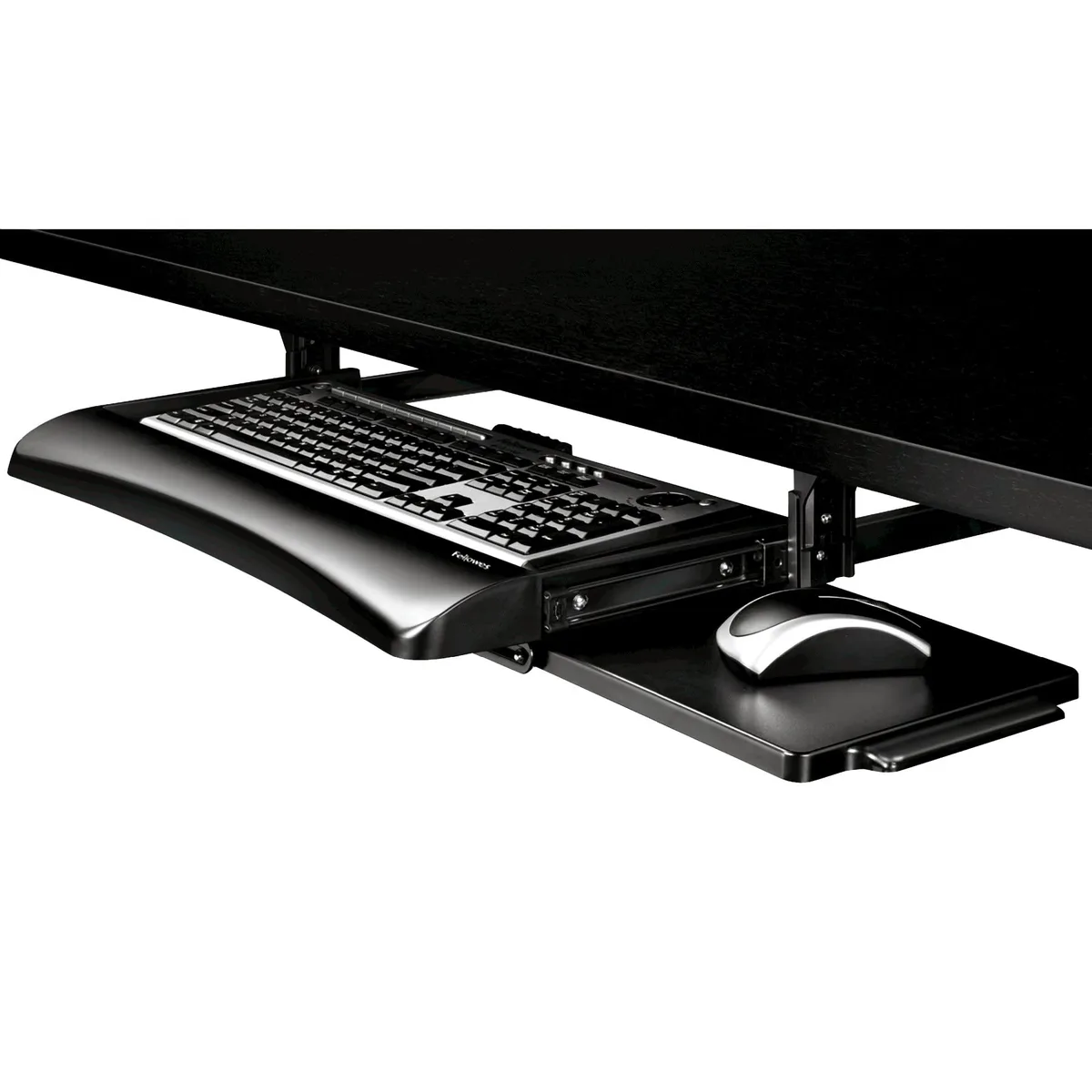 Black and silver plastic under-desk keyboard drawer with adjustable height and side mouse tray