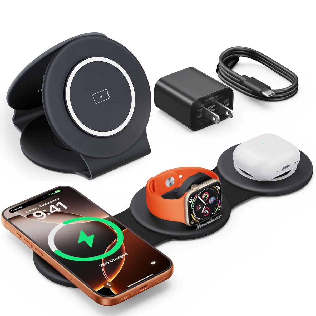  Hicober W313 3-in-1 Foldable Wireless Charger Black — product photo
