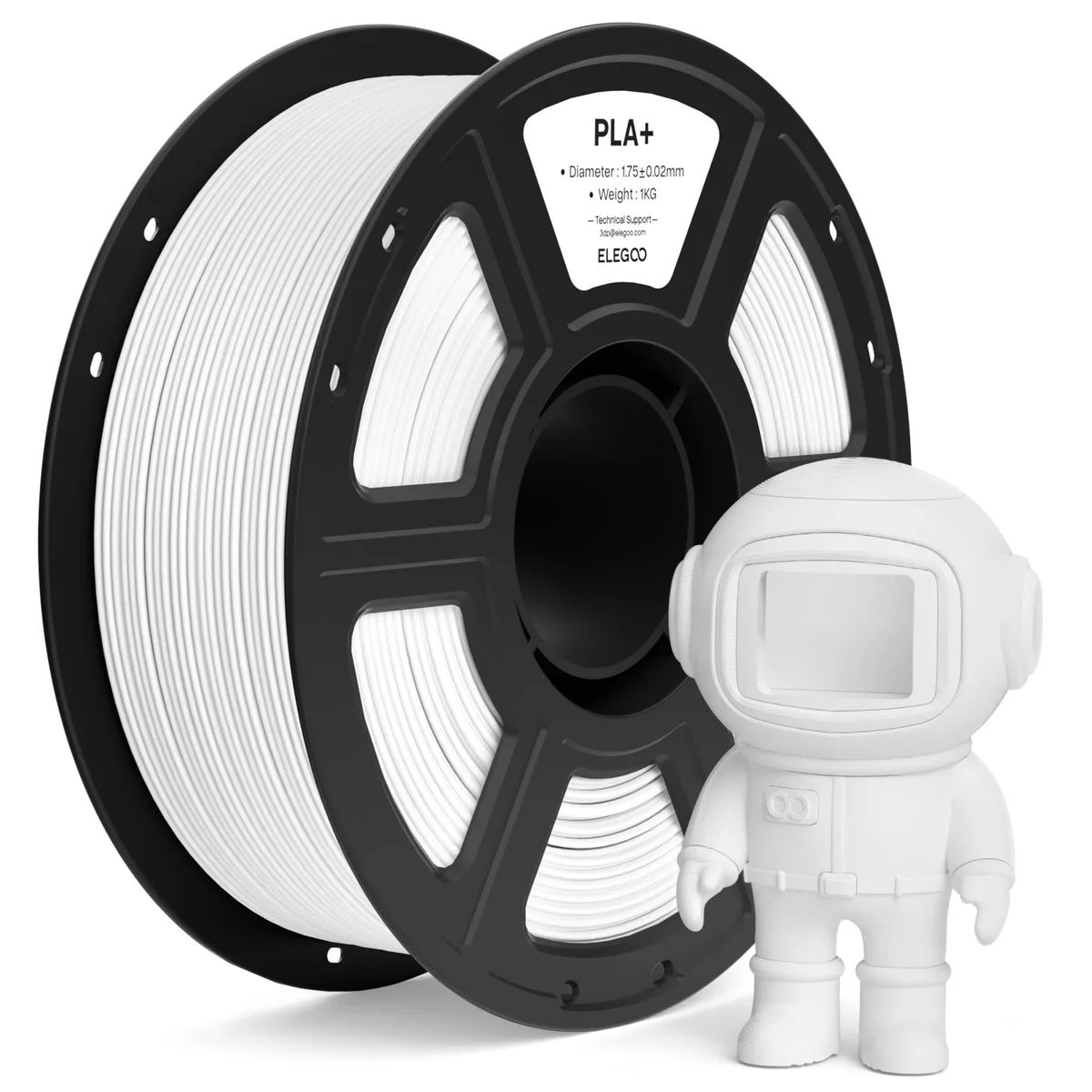 White PLA+ filament spool 1.75 mm diameter neatly wound on 1 kg reel