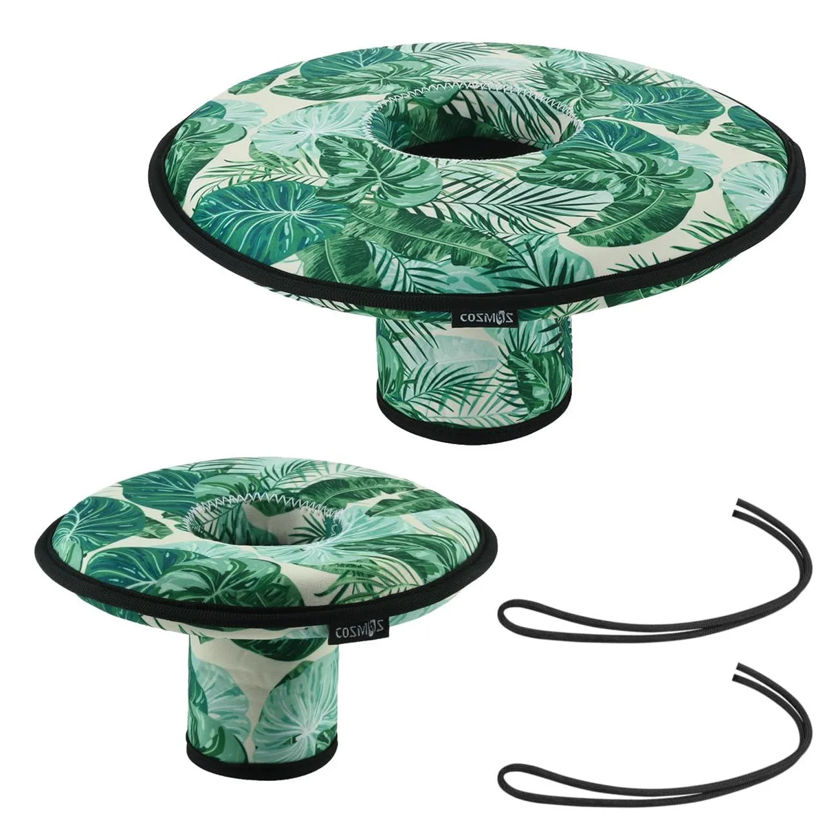 Two neoprene floating drink holders, one large and one small, soft textured finish