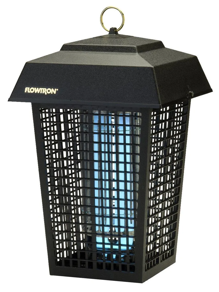 Transparent plastic insect killer, cubic lantern shape with top handle, 40 W ultraviolet lamp visible inside grid