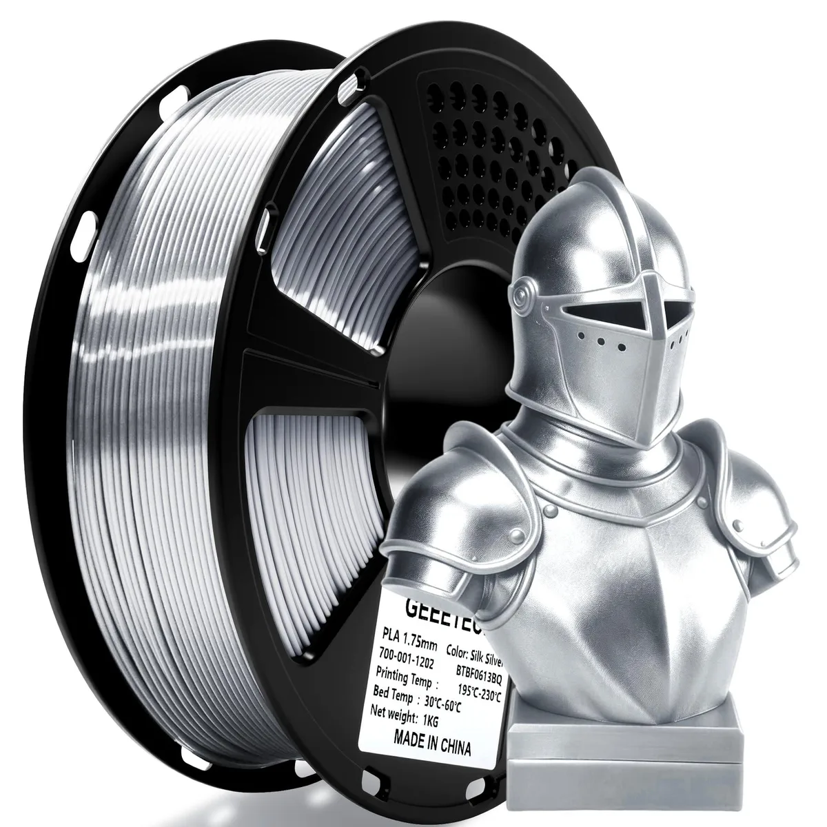 Single spool of metallic silver silk PLA filament on a plastic reel, vacuum-sealed in clear bag with desiccant