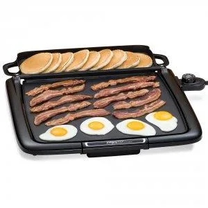 Rectangular electric griddle with nonstick surface and flip-up tray
