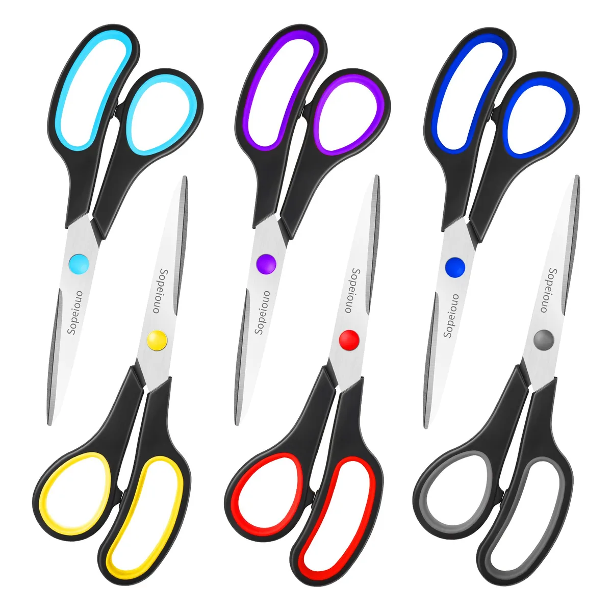 Six black eight-inch stainless-steel scissors with comfort-grip handles lying flat