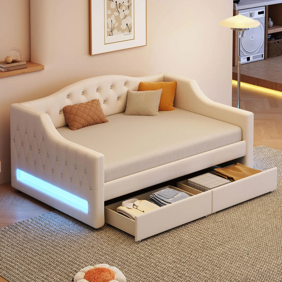 tuphen tuphen Twin XL Upholstered Daybed LED 2 Drawers Beige — product photo