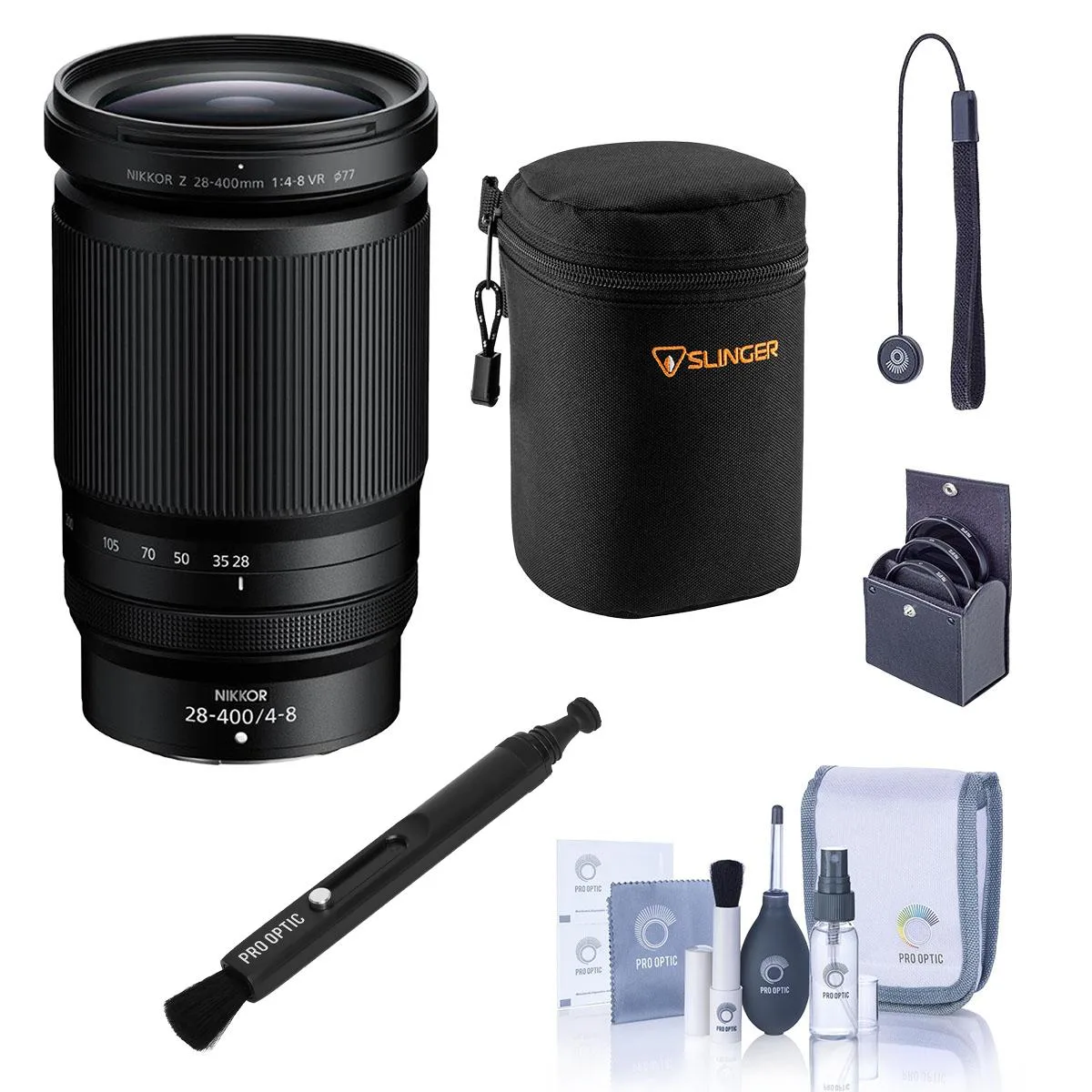 Nikon Inc Nikon NIKKOR Z 28-400mm f/4-8 VR camera lens with 77mm filter kit, case, cleaning kit and lens cap tether — product photo