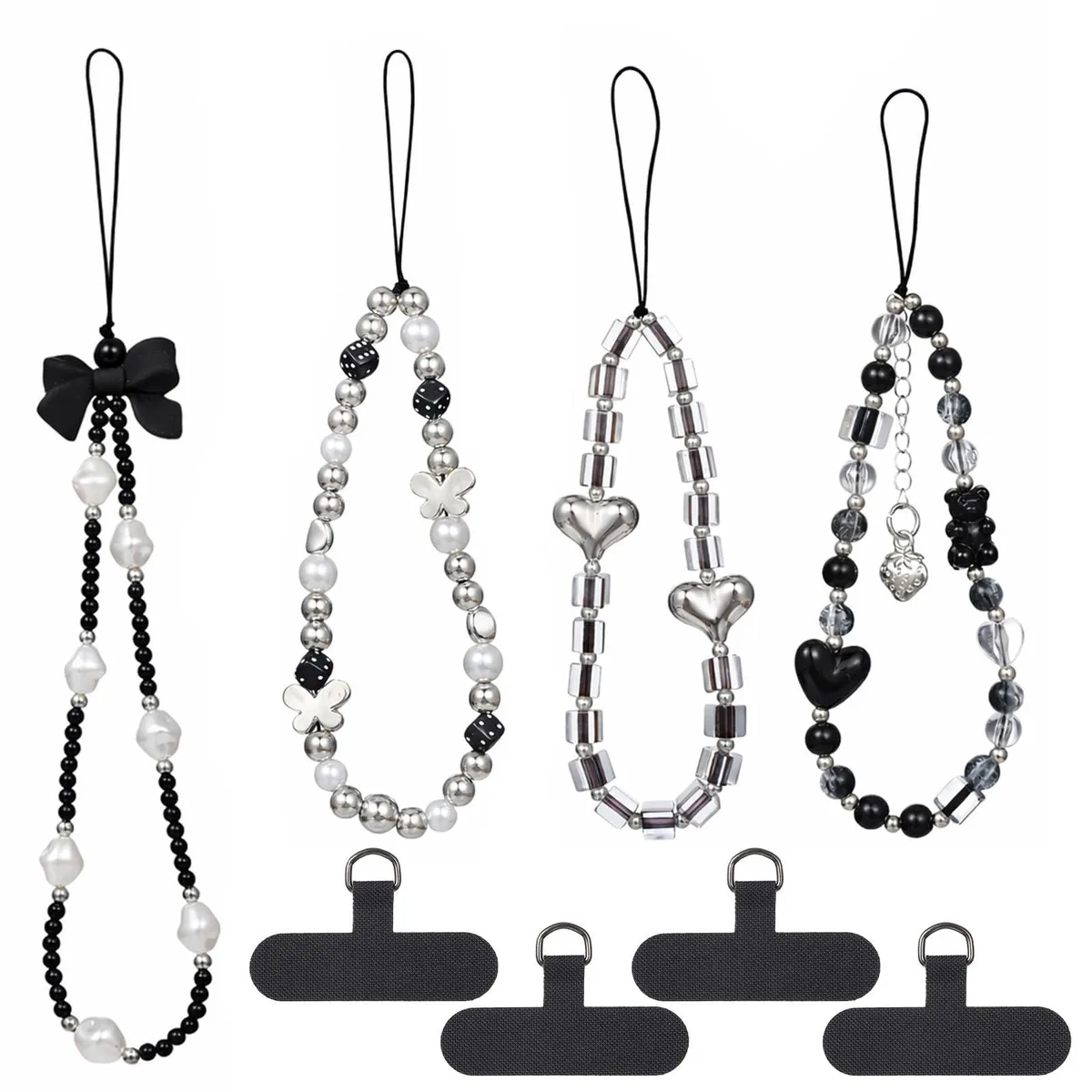 Four silver nylon cords with round multi-colour acrylic beads and black tether tabs