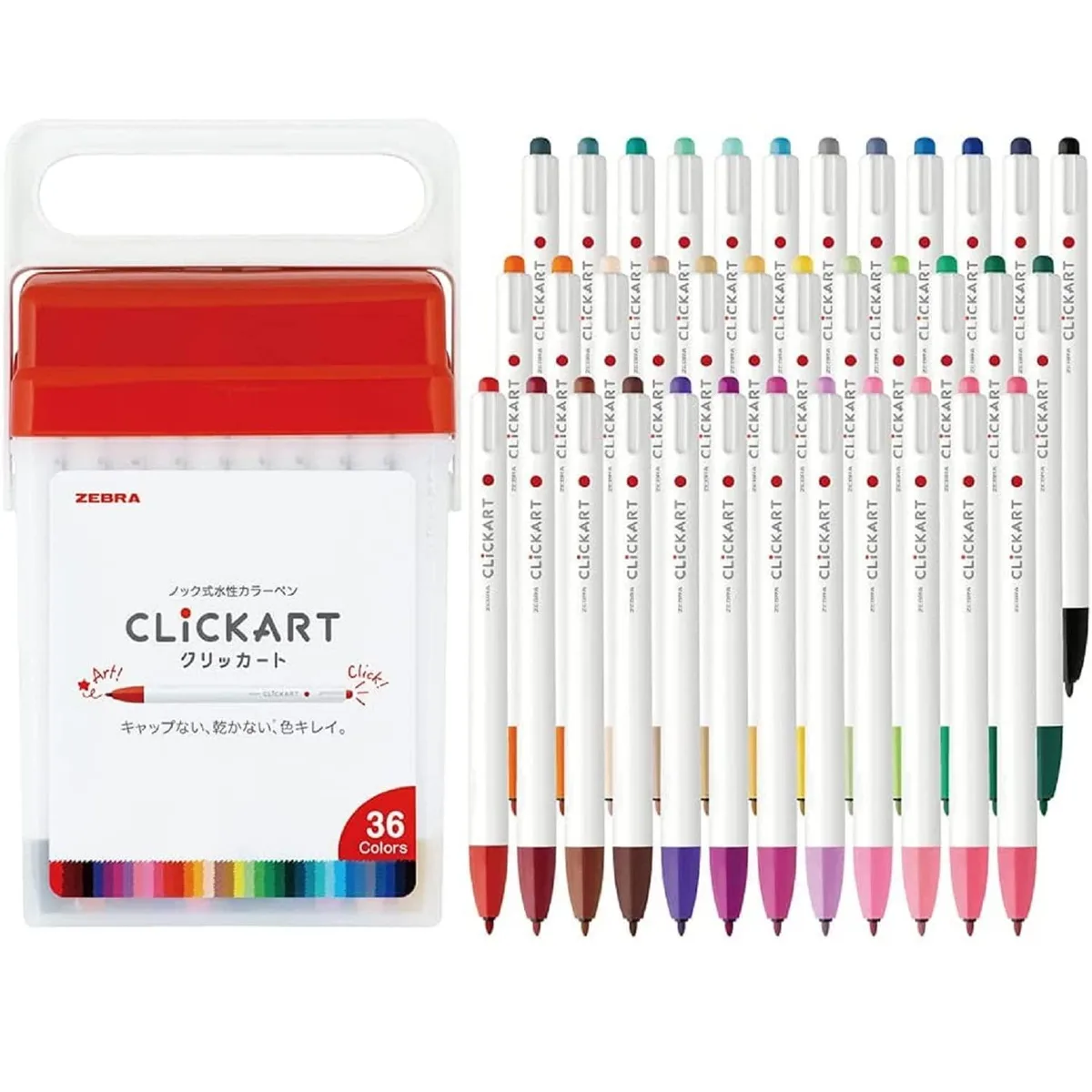 Rectangular case holding 36 retractable water-based markers in assorted colours