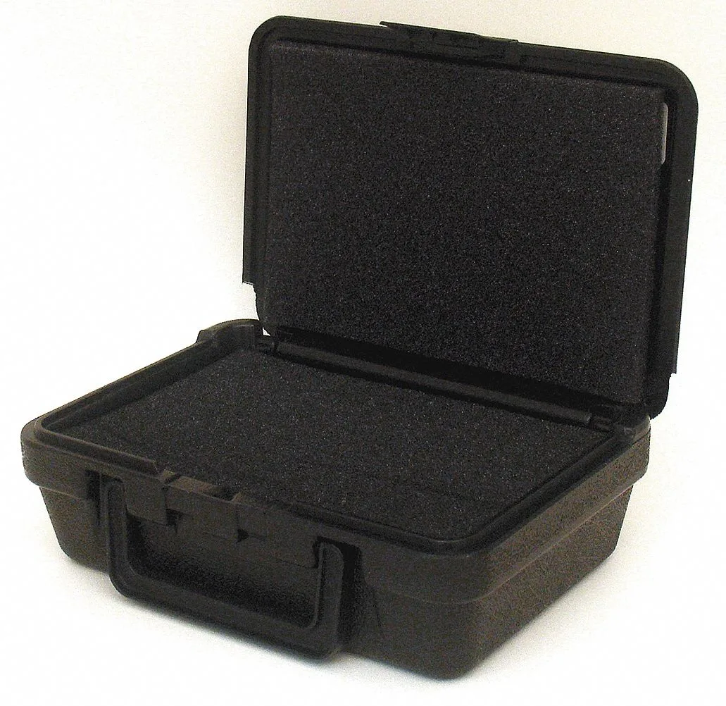 Black plastic protective case with folding handle and single latch