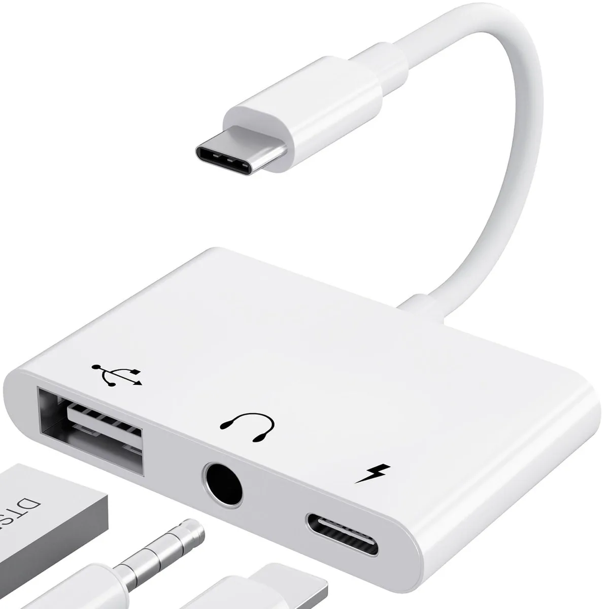 White compact USB-C adapter with USB-A, 3.5 mm jack and USB-C PD ports