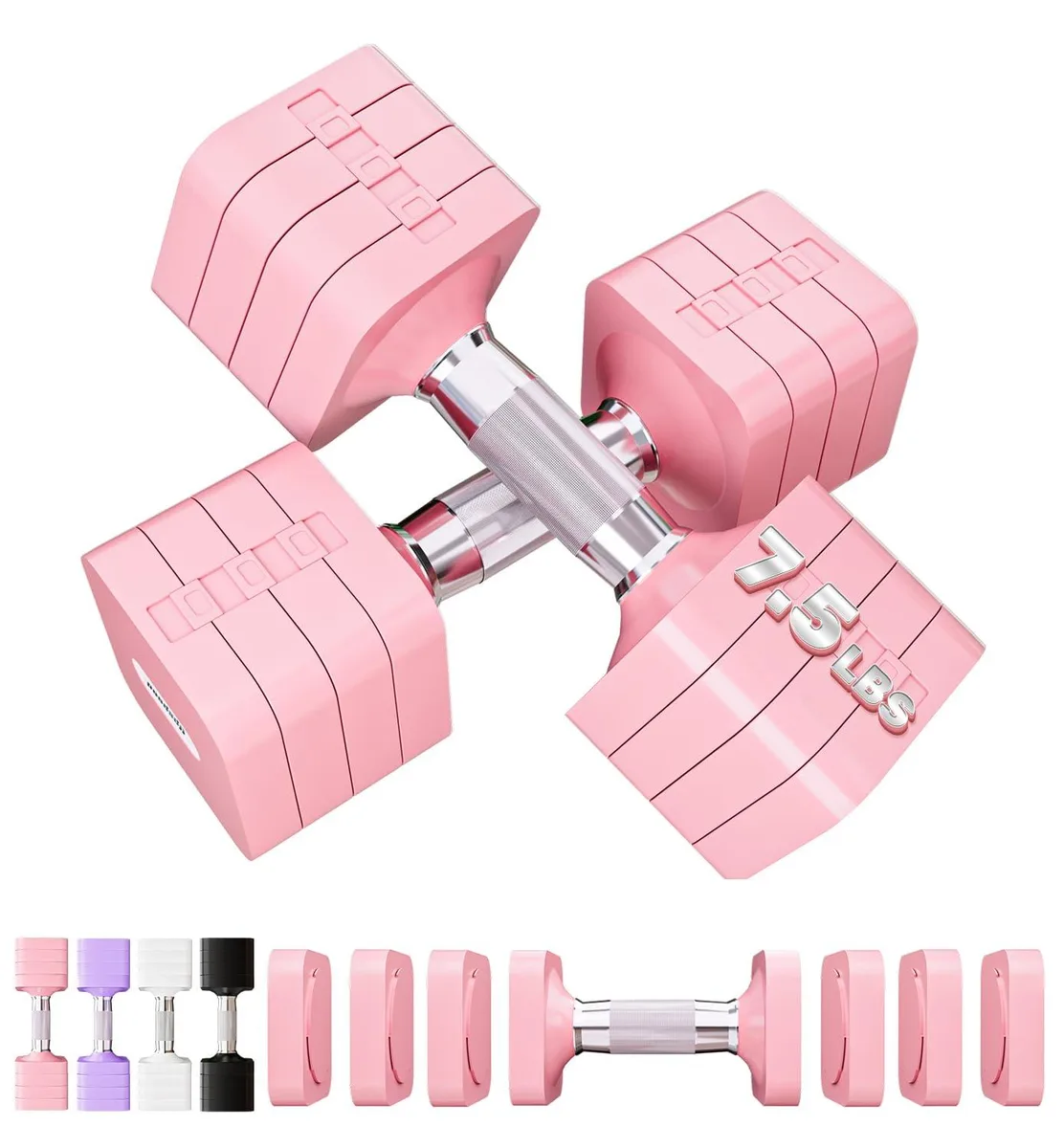 A pair of pink adjustable dumbbells with square plates and textured handles