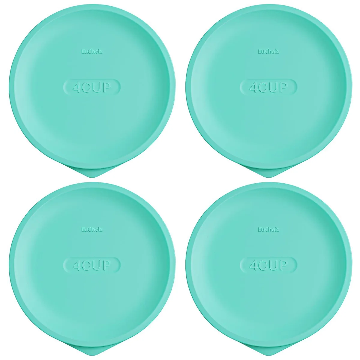 Four turquoise silicone lids with side handles, round and flexible