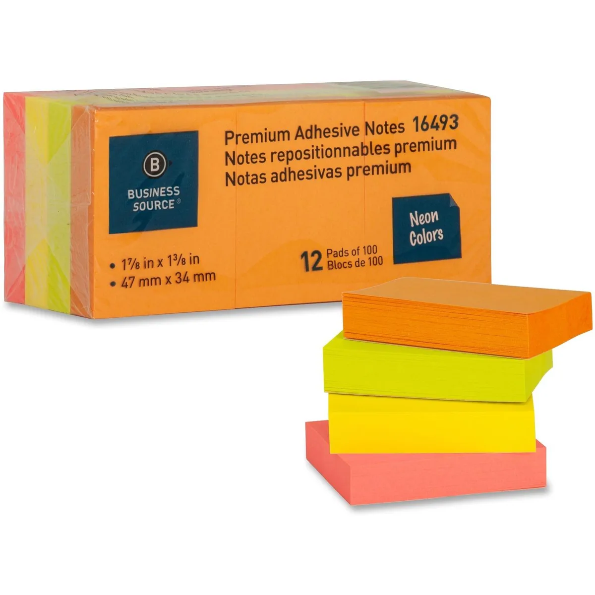 Business Source Business Source 16493 Sticky Notes Neon 1.50" x 2" 100 Sheets 12 Pack — product photo