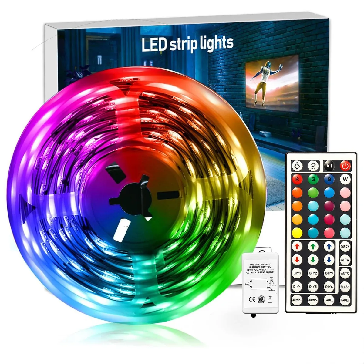 Two white 16.4 ft LED strips on reels with remote and power supply