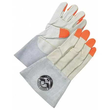 BDG BDG 60-1-1275-XL leather gloves, gauntlet cuff, wing thumb, orange/gray/tan, 13 in — product photo
