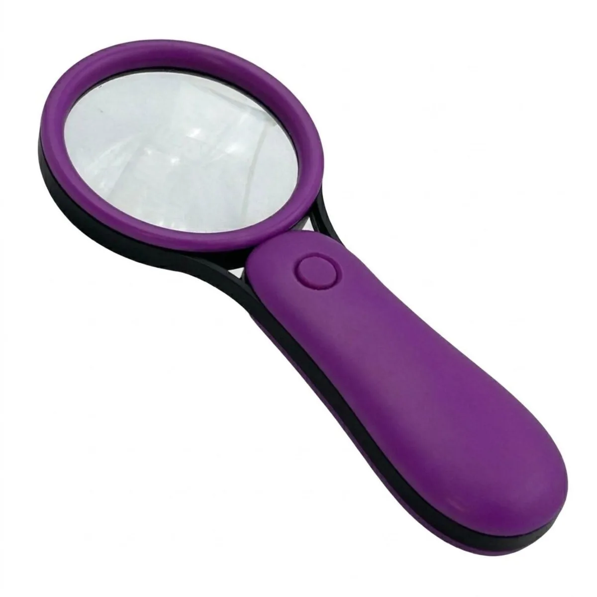 Purple handheld LED magnifier, acrylic lens, 3x magnification, pocket size, twelve pack