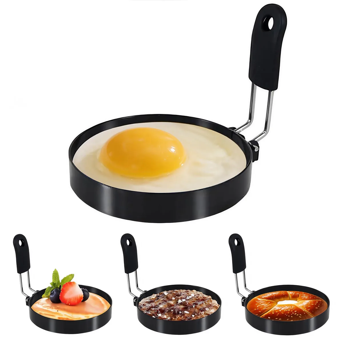 Four black stainless steel egg rings 3.5 inch with silicone handles