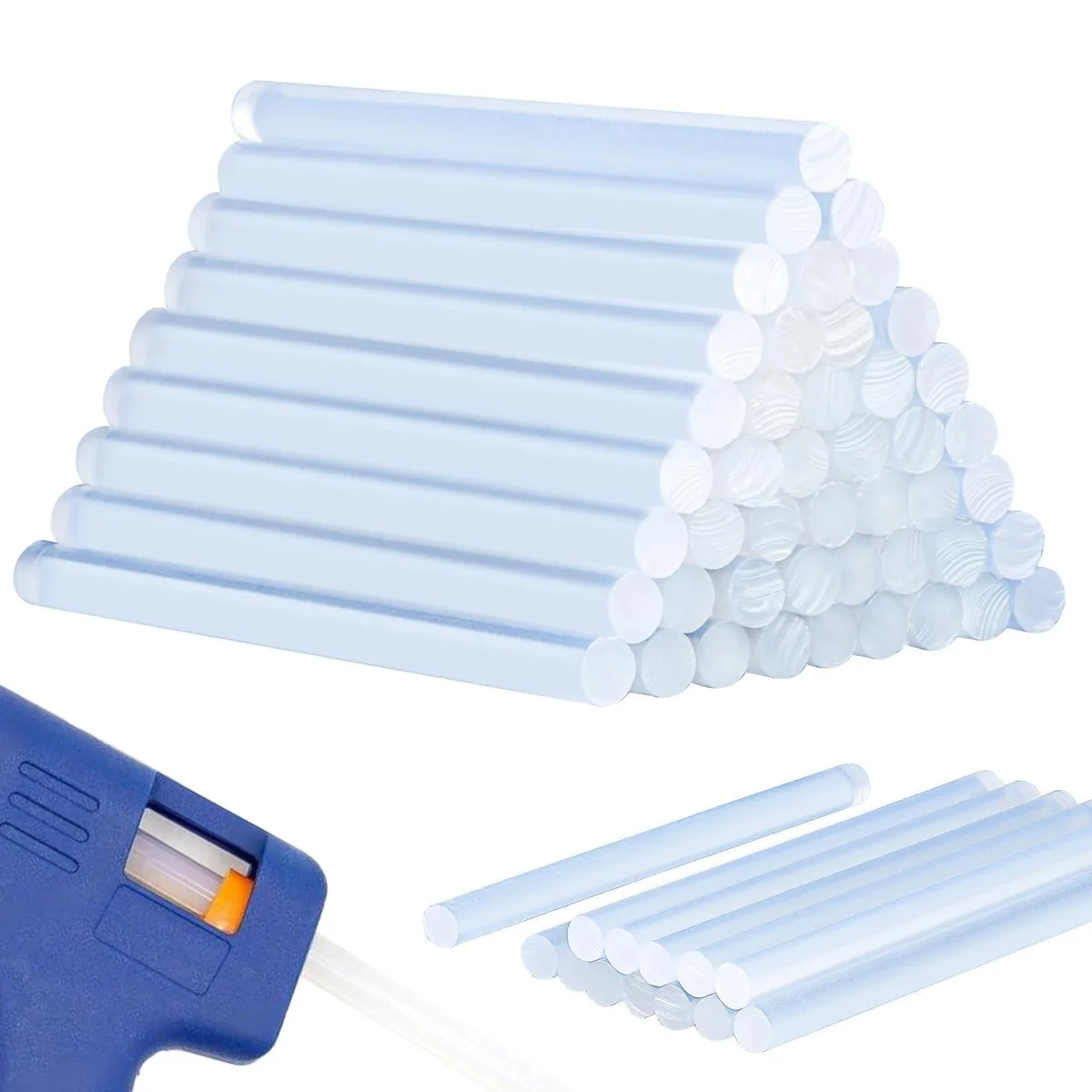 Fifty transparent blue mini glue sticks in a pack, each .27 inch diameter