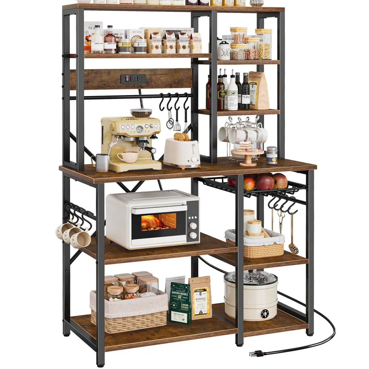 Tall rustic brown shelving unit with metal frame, wire basket and power strip