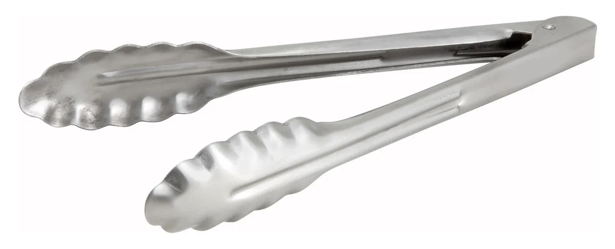 Stainless steel utility tong, 9 inches, scalloped jaws, coiled spring