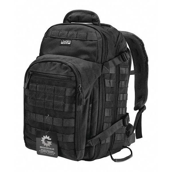 Black tactical backpack with MOLLE webbing, padded laptop sleeve, ventilated back panel and waist belt