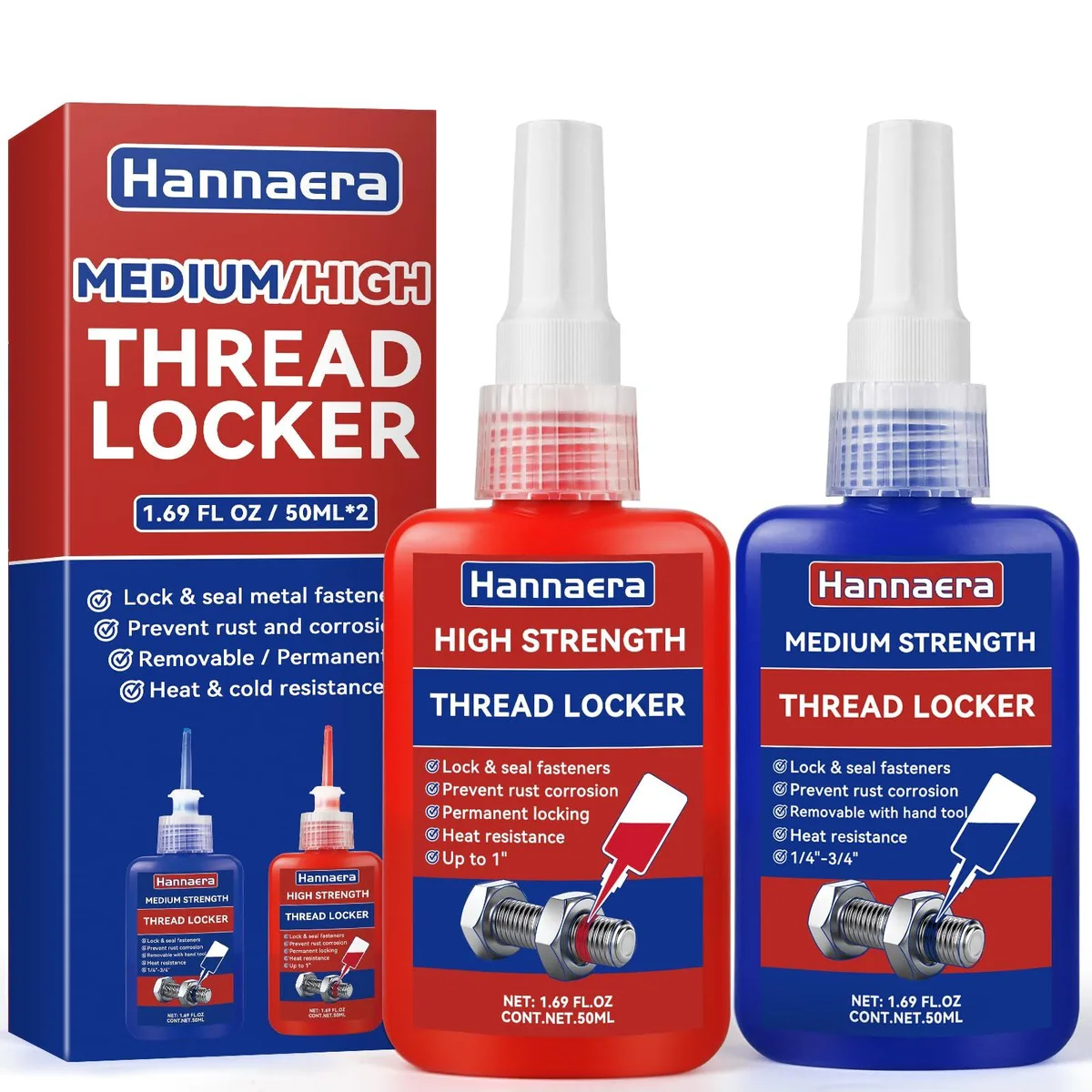 Two 50 ml bottles of blue liquid threadlocker