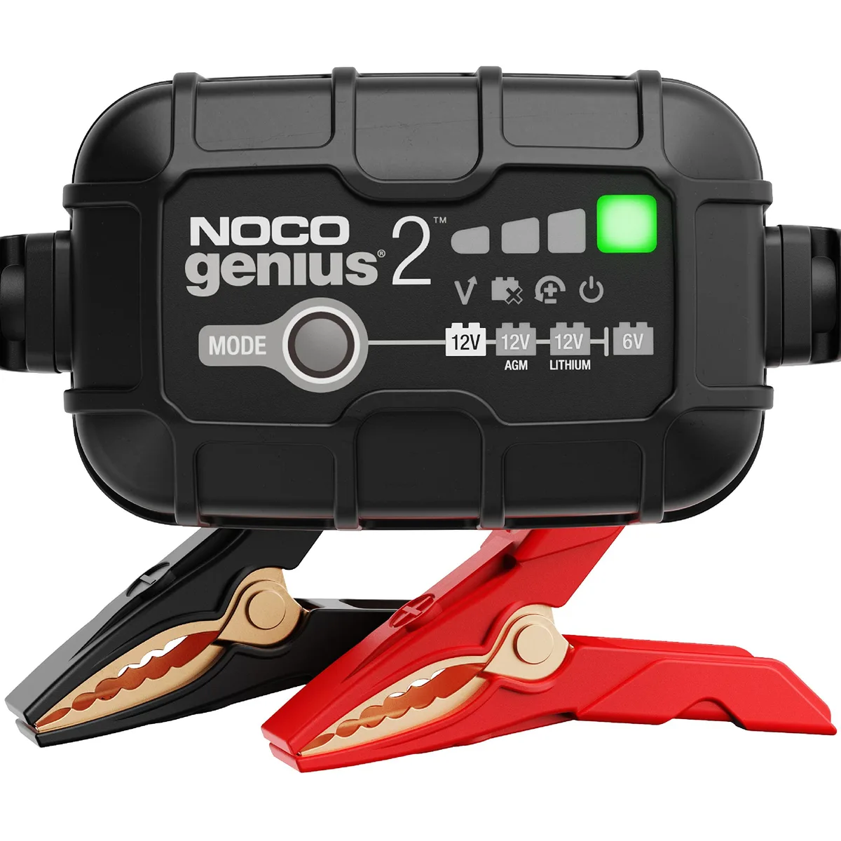 Compact black battery charger with clamps and eyelet terminals