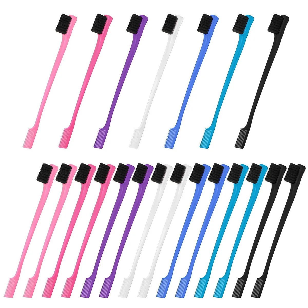 Twenty-one dual-sided edge-control brushes in seven colours, each with soft bristles and a fine-tooth comb