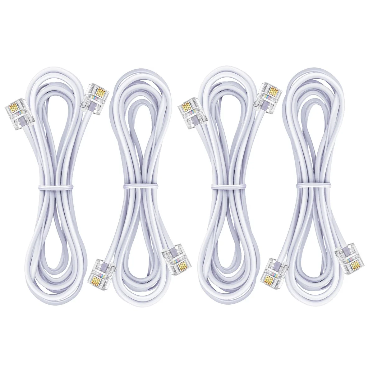 Black telephone extension cable with RJ11 plugs on both ends