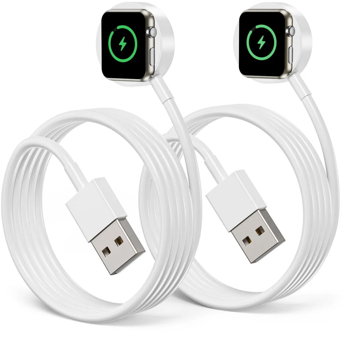 Two white magnetic Apple Watch charging cables with USB-A plugs coiled on a surface