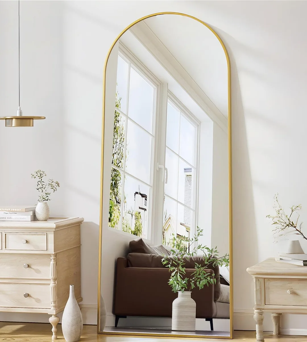 Tall arched mirror with slim gold aluminium frame, 71 by 26 inches