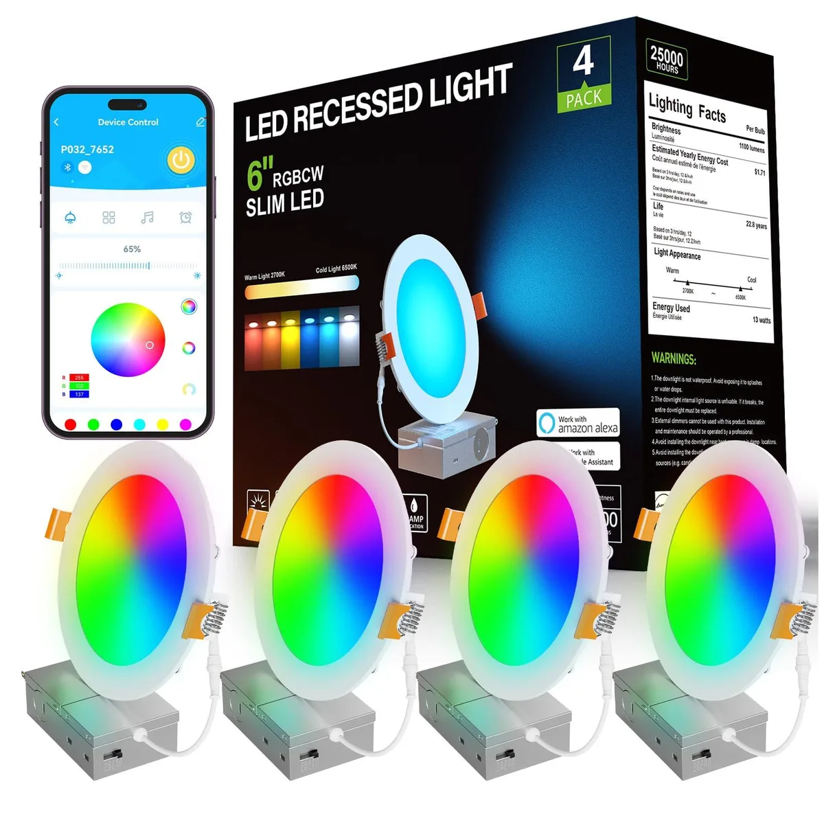 Four silver aluminum recessed downlights with multi-coloured trim rings