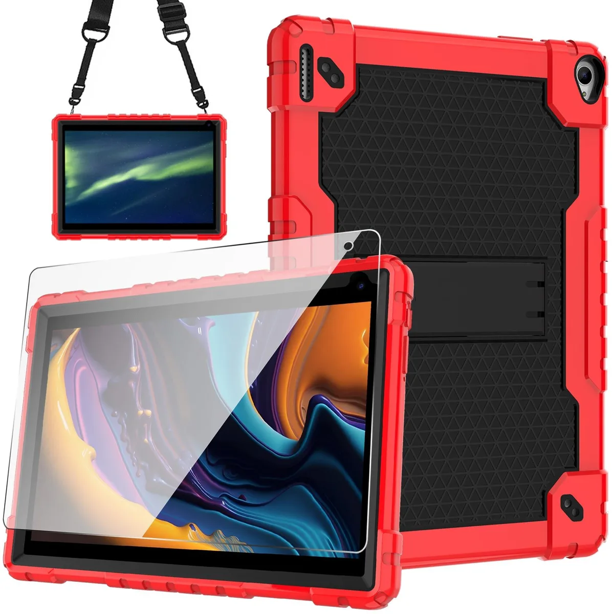 Red and black protective tablet case with built-in screen protector, adjustable shoulder strap and kickstand