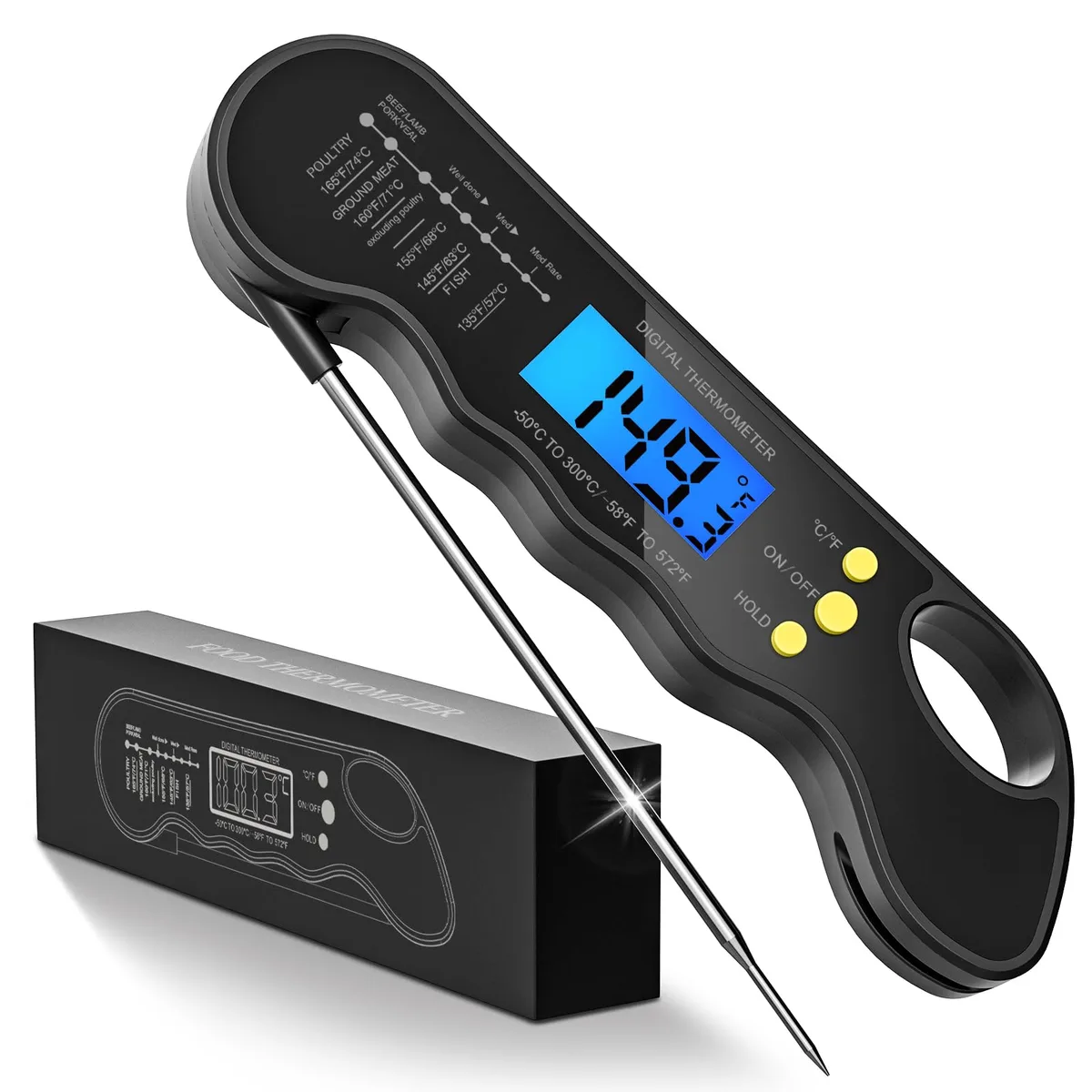 Black digital meat thermometer with 4.6-inch thin probe, backlit LCD, magnet and hanging hole