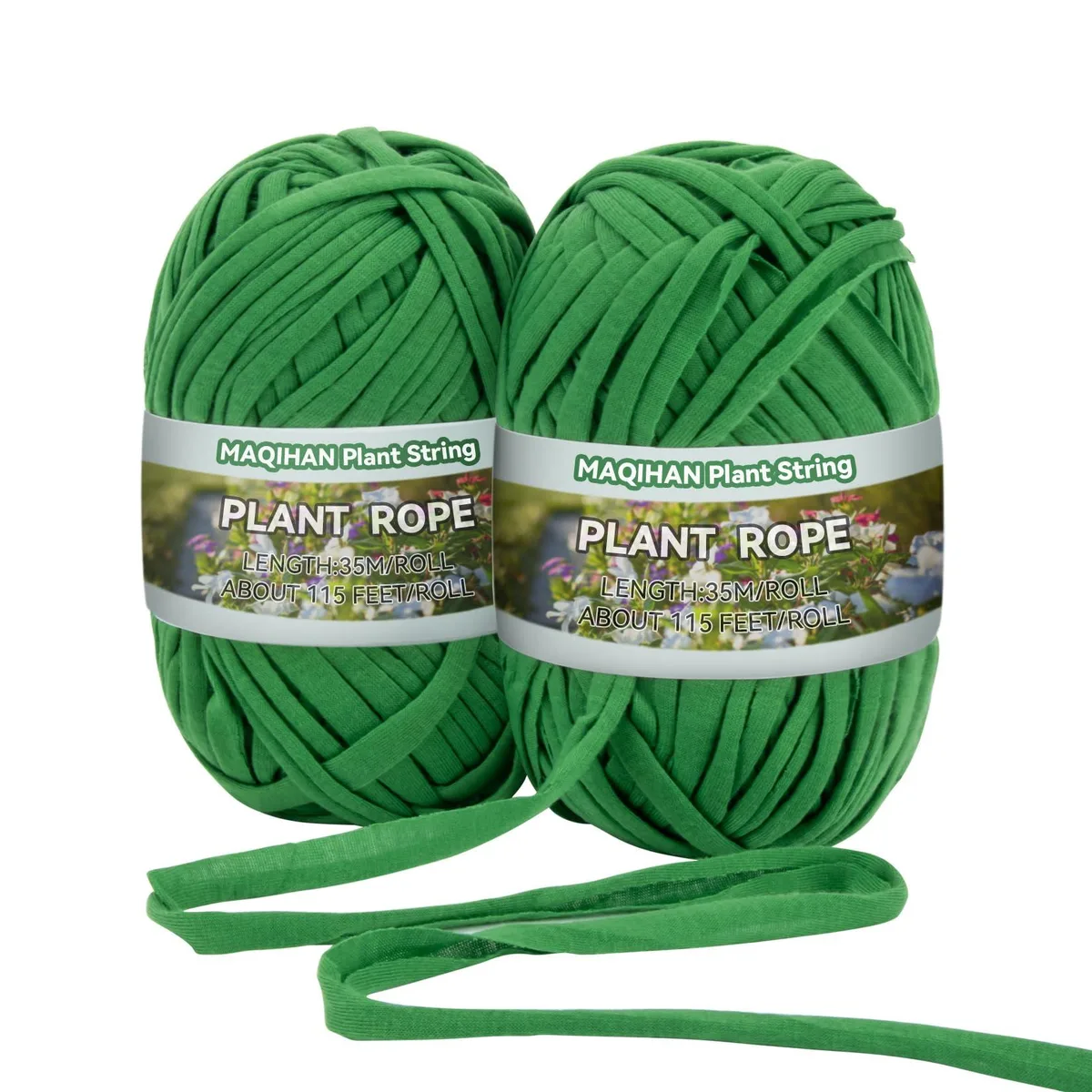 Two green polyester twine rolls, 115 ft each, soft stretchy cord for plant support