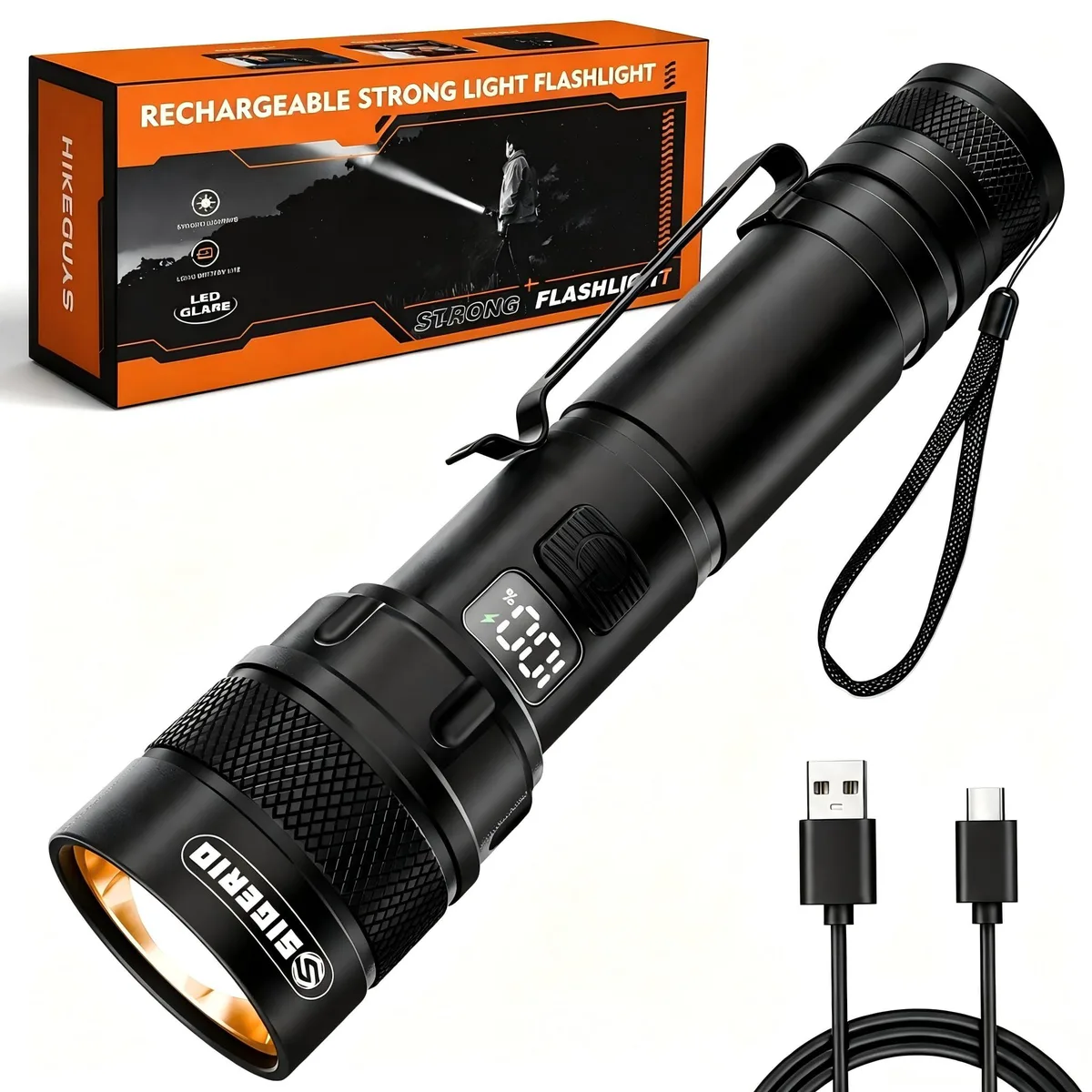 Cylindrical aluminium flashlight with adjustable head, USB-C port, LCD display and metal clip