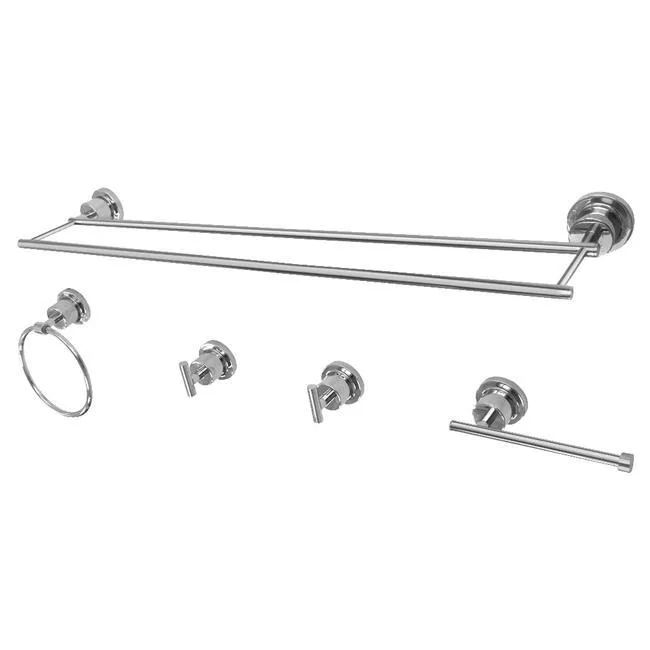 Five-piece chrome bath set with towel bar ring hooks and paper holder