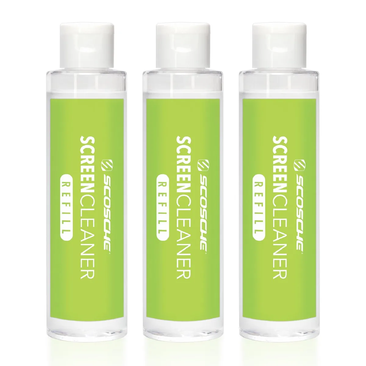 Three blue refill bottles for screen cleaner, compact plastic design