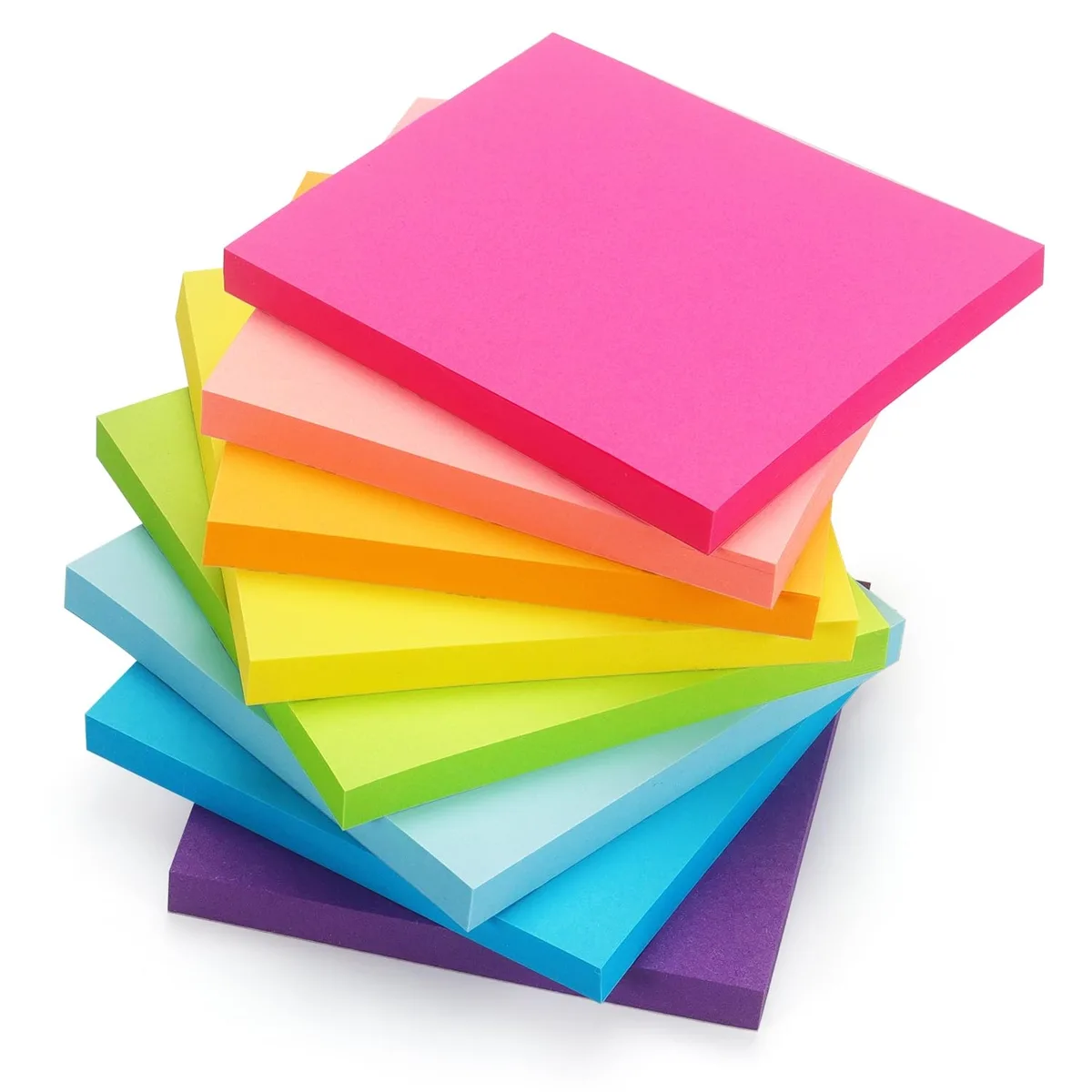 Eight square pads of bright sticky notes in a multicolour stack
