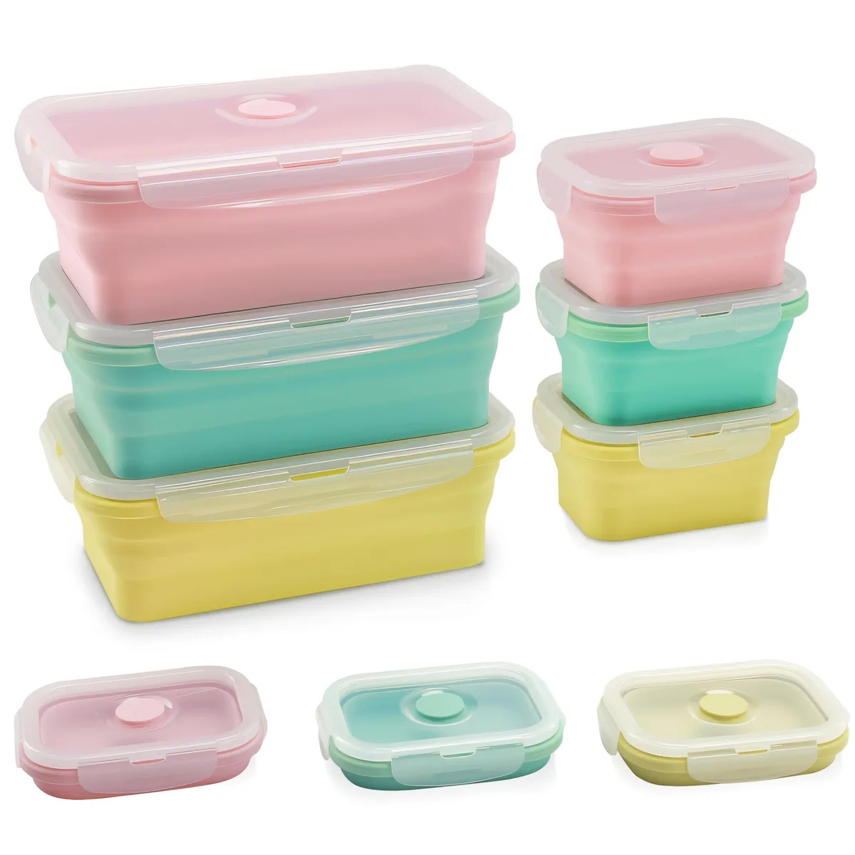Six collapsible red silicone bowls with lids, two sizes