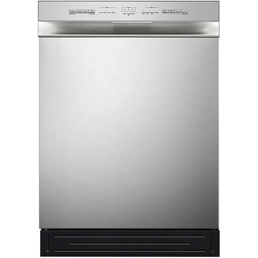 Stainless steel front-control dishwasher with visible interior LED lighting