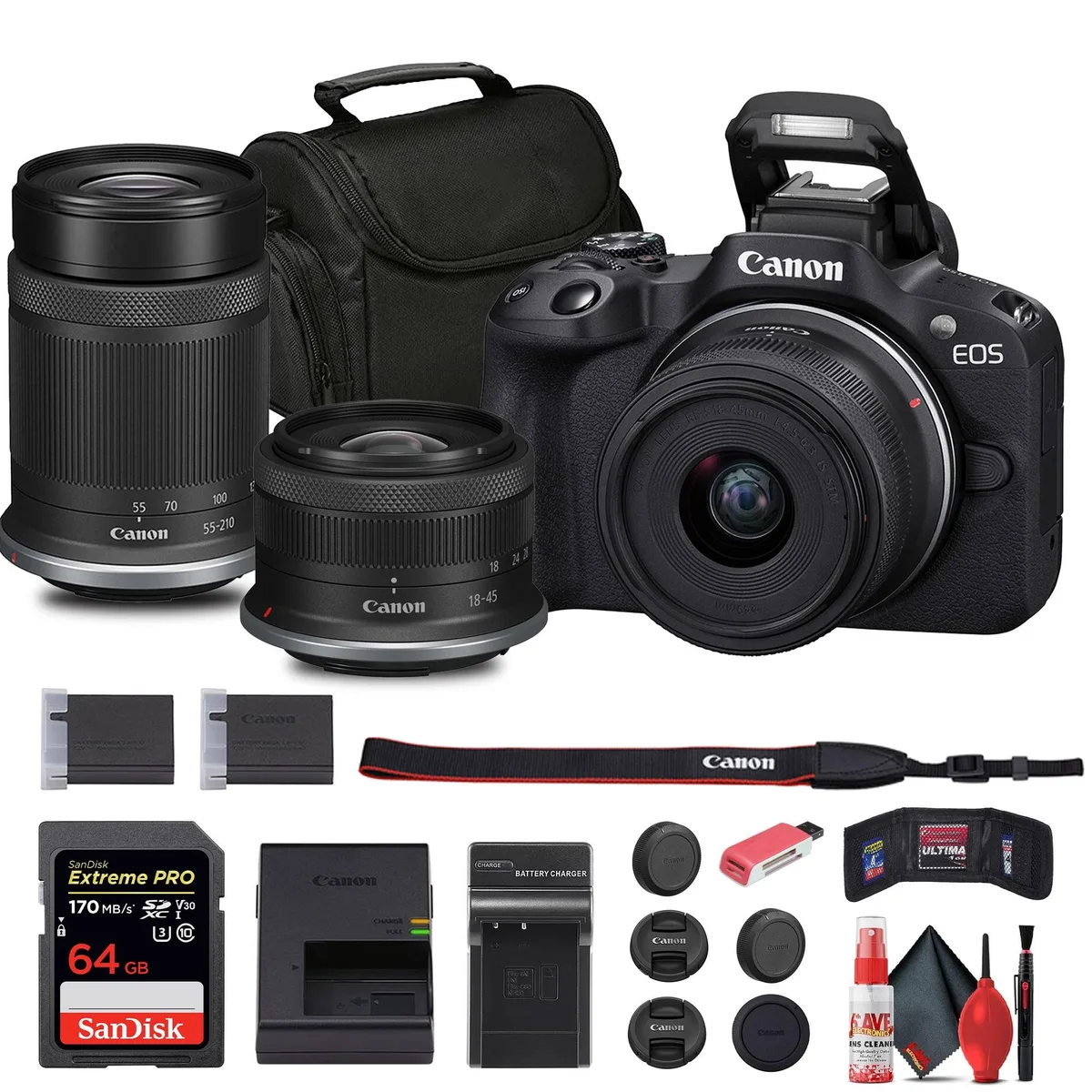 Canon Canon EOS R50 Mirrorless Camera Kit 18-45mm 55-210mm 64GB Card Bag Charger — product photo