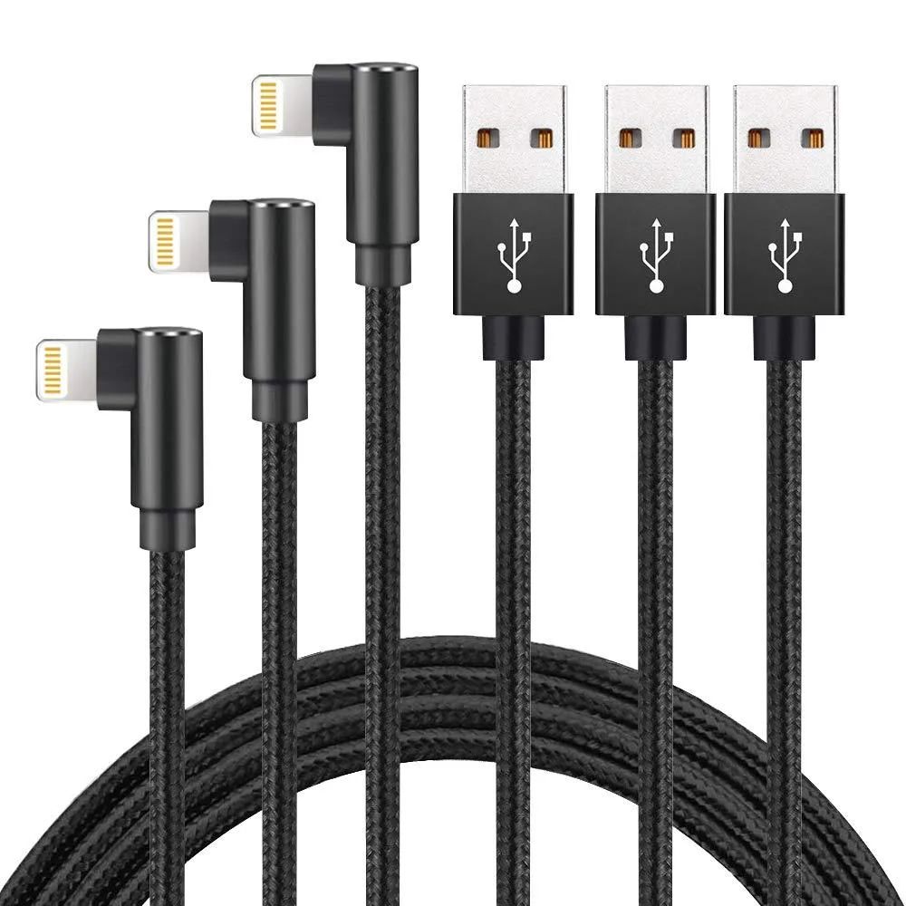Three black nylon-braided Lightning cables with 90-degree aluminium connectors, coiled together